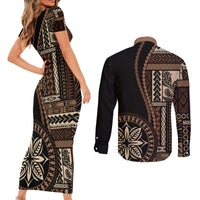Samoa Siapo Motif Couples Matching Short Sleeve Bodycon Dress and Long Sleeve Button Shirt Classic Style - Black Ver LT7 - Wonder Print Shop