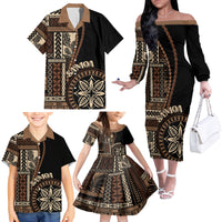 Samoa Siapo Motif Family Matching Off Shoulder Long Sleeve Dress and Hawaiian Shirt Classic Style - Black Ver - Wonder Print Shop