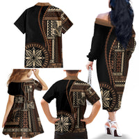 Samoa Siapo Motif Family Matching Off Shoulder Long Sleeve Dress and Hawaiian Shirt Classic Style - Black Ver - Wonder Print Shop