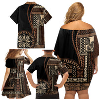 Samoa Siapo Motif Family Matching Off Shoulder Short Dress and Hawaiian Shirt Classic Style - Black Ver LT7 - Wonder Print Shop