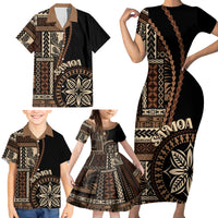 Samoa Siapo Motif Family Matching Short Sleeve Bodycon Dress and Hawaiian Shirt Classic Style - Black Ver - Wonder Print Shop