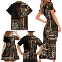 Samoa Siapo Motif Family Matching Short Sleeve Bodycon Dress and Hawaiian Shirt Classic Style - Black Ver - Wonder Print Shop