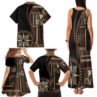 Samoa Siapo Motif Family Matching Tank Maxi Dress and Hawaiian Shirt Classic Style - Black Ver - Wonder Print Shop