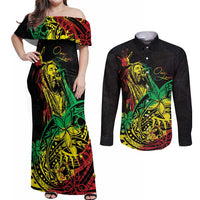 Personalised Reggae Jawaiian Festive Couples Matching Off Shoulder Maxi Dress and Long Sleeve Button Shirt Mix Polynesian LT7 - Wonder Print Shop