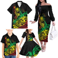 Personalised Reggae Jawaiian Festive Family Matching Off The Shoulder Long Sleeve Dress and Hawaiian Shirt Mix Polynesian - Wonder Print Shop
