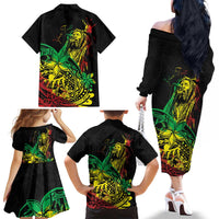Personalised Reggae Jawaiian Festive Family Matching Off The Shoulder Long Sleeve Dress and Hawaiian Shirt Mix Polynesian - Wonder Print Shop