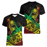 Personalised Reggae Jawaiian Festive Women V-Neck T-Shirt Mix Polynesian - Wonder Print Shop