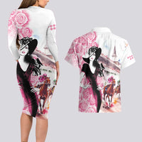 Kentucky Horse Racing Couples Matching Long Sleeve Bodycon Dress and Hawaiian Shirt Derby Day - Pink Out Party