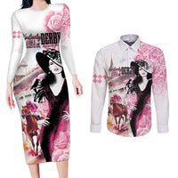 Kentucky Horse Racing Couples Matching Long Sleeve Bodycon Dress and Long Sleeve Button Shirt Derby Day - Pink Out Party