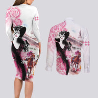 Kentucky Horse Racing Couples Matching Long Sleeve Bodycon Dress and Long Sleeve Button Shirt Derby Day - Pink Out Party