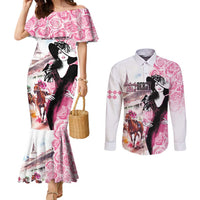 Kentucky Horse Racing Couples Matching Mermaid Dress and Long Sleeve Button Shirt Derby Day - Pink Out Party