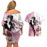 Kentucky Horse Racing Couples Matching Off Shoulder Short Dress and Hawaiian Shirt Derby Day - Pink Out Party
