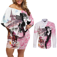 Kentucky Horse Racing Couples Matching Off Shoulder Short Dress and Long Sleeve Button Shirt Derby Day - Pink Out Party