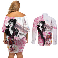 Kentucky Horse Racing Couples Matching Off Shoulder Short Dress and Long Sleeve Button Shirt Derby Day - Pink Out Party