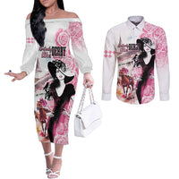 Kentucky Horse Racing Couples Matching Off The Shoulder Long Sleeve Dress and Long Sleeve Button Shirt Derby Day - Pink Out Party