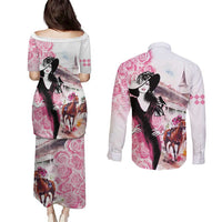 Kentucky Horse Racing Couples Matching Puletasi and Long Sleeve Button Shirt Derby Day - Pink Out Party