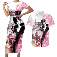 Kentucky Horse Racing Couples Matching Short Sleeve Bodycon Dress and Hawaiian Shirt Derby Day - Pink Out Party