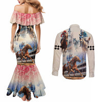 Kentucky Horse Racing Couples Matching Mermaid Dress and Long Sleeve Button Shirt For The Roses