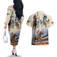 Kentucky Horse Racing Couples Matching Off The Shoulder Long Sleeve Dress and Hawaiian Shirt For The Roses