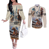 Kentucky Horse Racing Couples Matching Off The Shoulder Long Sleeve Dress and Long Sleeve Button Shirt For The Roses