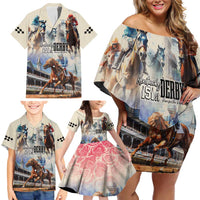 Kentucky Horse Racing Family Matching Off Shoulder Short Dress and Hawaiian Shirt For The Roses