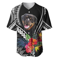 Black baseball dog jersey with Rottweiler front graphic and Polynesian geometric and floral print