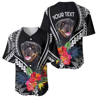 Black baseball dog jersey front and back set with Rottweiler graphics and colorful tropical floral