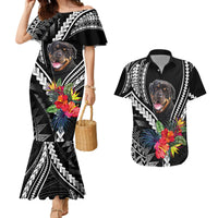 Black off-shoulder mermaid dress and matching short-sleeve shirt with rottweiler and floral