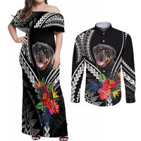 Black off-shoulder maxi dress and long-sleeve button shirt set, dog face with tribal print