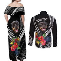 Black off-shoulder maxi dress and long-sleeve shirt with dog print and tropical flowers; custom text