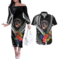 Personalised Polynesian Dog Couples Matching Off The Shoulder Long Sleeve Dress and Hawaiian Shirt Rottweiler With Polynesia Pattern Curve Style LT7 - Wonder Print Shop