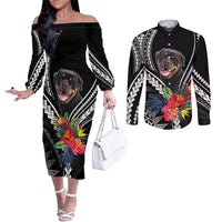 Black off-shoulder long-sleeve dress and black dog-print button shirt, Polynesian floral pattern