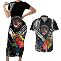 Black Polynesian-style dog bodycon dress and black Hawaiian shirt set, floral pattern