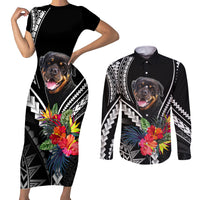 Personalised Polynesian Dog Couples Matching Short Sleeve Bodycon Dress and Long Sleeve Button Shirts Rottweiler With Polynesia Pattern Curve Style LT7 - Wonder Print Shop