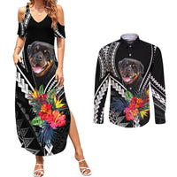 Personalised Polynesian Dog Couples Matching Summer Maxi Dress and Long Sleeve Button Shirts Rottweiler With Polynesia Pattern Curve Style LT7 - Wonder Print Shop
