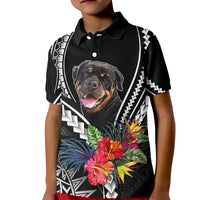 Kids black polo shirt with rottweiler face and Polynesian floral pattern, button collar