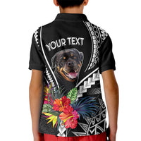 Kids black polo shirt back graphic with rottweiler, tropical flowers and 'YOUR TEXT'