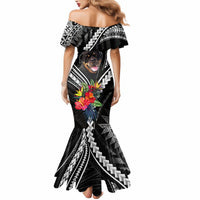 Black mermaid maxi dress with shoulder ruffle, Polynesian pattern, and colorful flower dog print