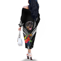 Women's black off-shoulder long sleeve dress with rottweiler and tropical floral Polynesian pattern