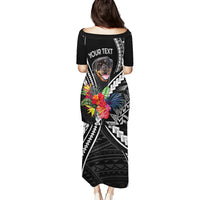 Black long dress, back view, dog graphic and Polynesian tribal pattern with 'YOUR TEXT'