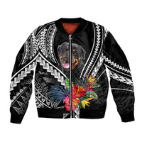 Black zip-up bomber jacket with Rottweiler front graphic and Polynesian pattern sleeves