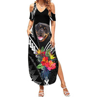 Black women's maxi dress with rottweiler print, V-neck and cold-shoulder sleeves