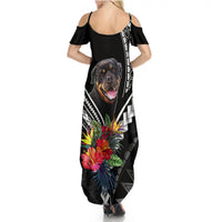 Black women's maxi dress, scoop back, rottweiler portrait and tropical floral print