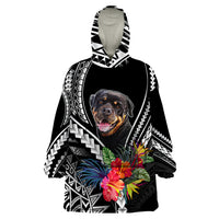 Black dog wearable blanket hoodie with Polynesian pattern, Rottweiler face, floral accents