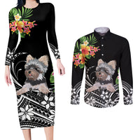 Personalised Polynesian Couples Matching Long Sleeve Bodycon Dress and Long Sleeve Button Shirts With Yorkshire Terrier Floral Style LT7 - Wonder Print Shop