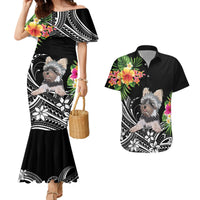Black mermaid maxi dress and matching Yorkshire terrier floral Hawaiian shirt set