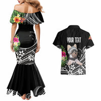 Black mermaid dress and Hawaiian shirt set with Yorkshire terrier floral print; 'YOUR TEXT'