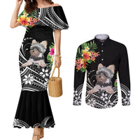 personalised-polynesian-couples-matching-mermaid-dress-and-long-sleeve-button-shirts-with-yorkshire-terrier-floral-style