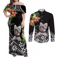 Personalised Polynesian Couples Matching Off Shoulder Maxi Dress and Long Sleeve Button Shirts With Yorkshire Terrier Floral Style LT7 - Wonder Print Shop