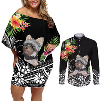 Personalised Polynesian Couples Matching Off Shoulder Short Dress and Long Sleeve Button Shirts With Yorkshire Terrier Floral Style LT7 - Wonder Print Shop